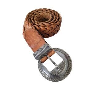 Brighton Braided Woven Leather Belt Brown Vintage Women Size M 1991 Metal Buckle